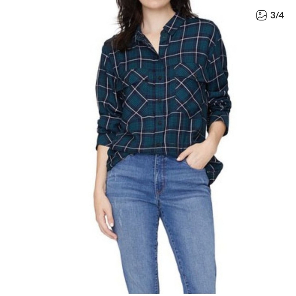 NEW Sanctuary Long Sleeve Boyfriend Shirt Blue Pockets XL PEACOCK PLAID FLANNEL